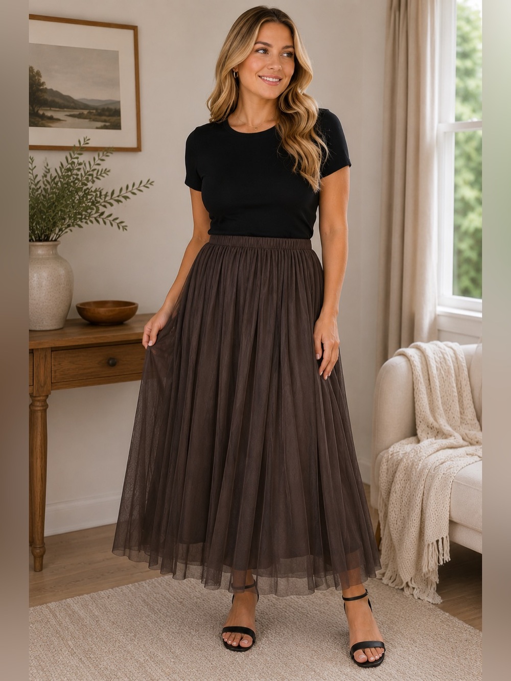 Elegant Brown Chiffon Skirt with slip inside